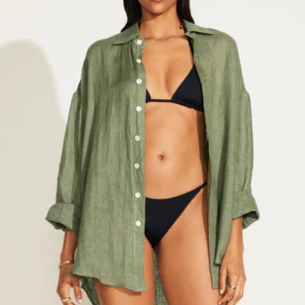 Vitamin A Playa Oversize Linen Cover-Up Shirt, Agave